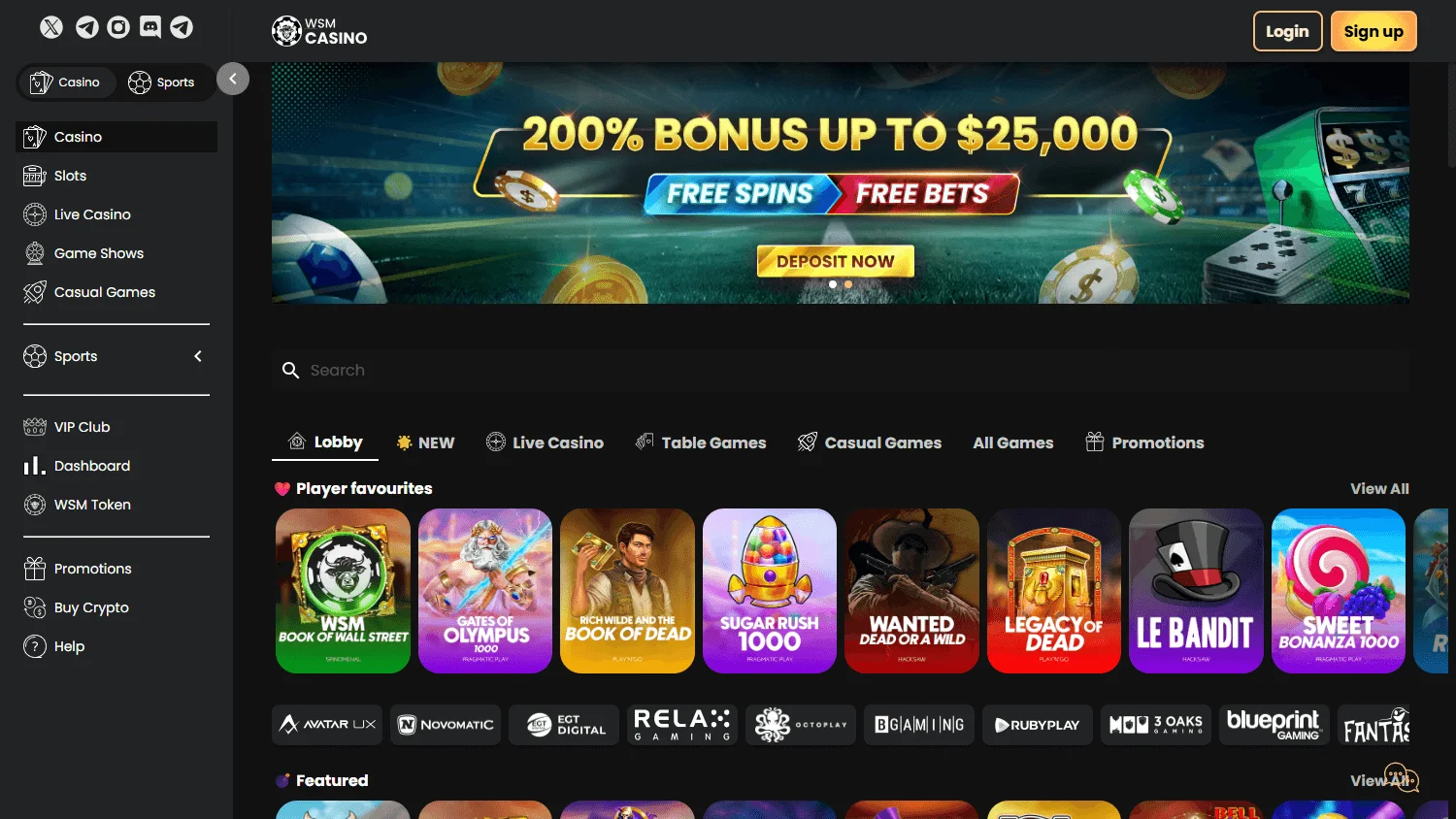 WSM Casino games page on desktop