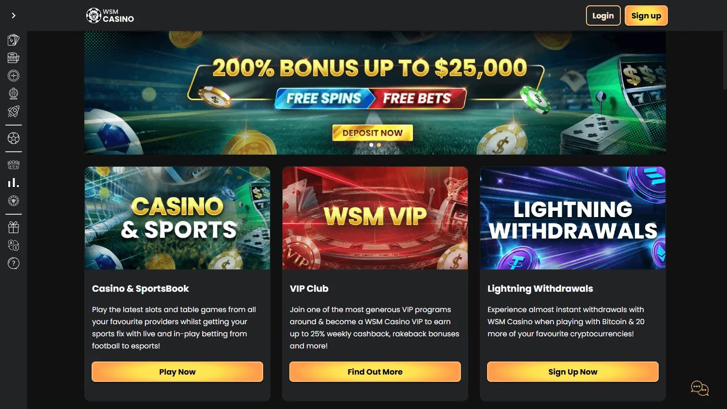 WSM Casino home page on desktop