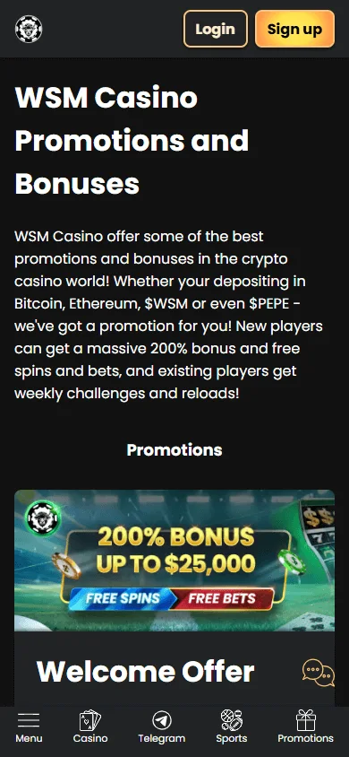 WSM Casino promotions page on a mobile device