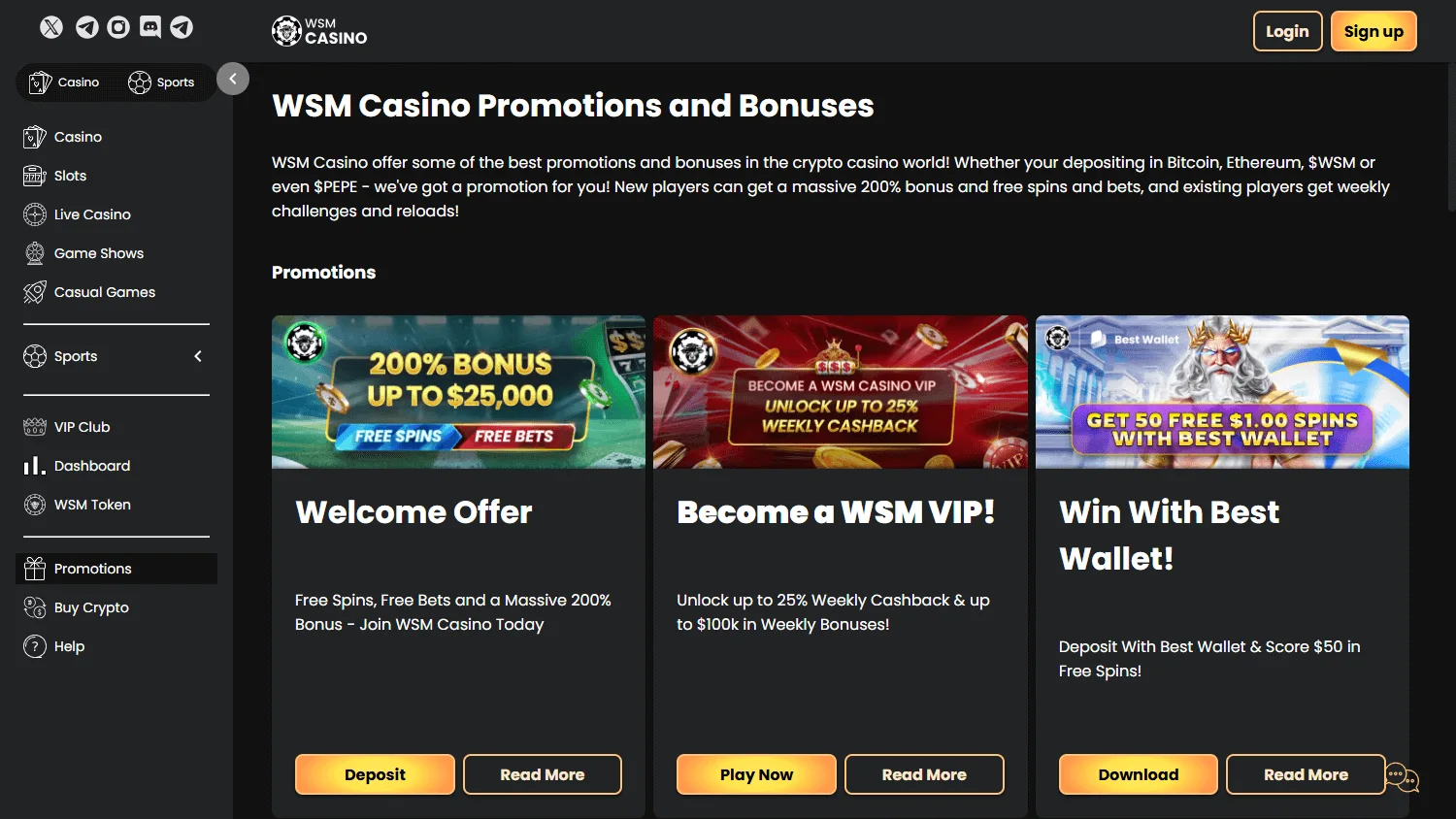 WSM Casino promotions page on desktop